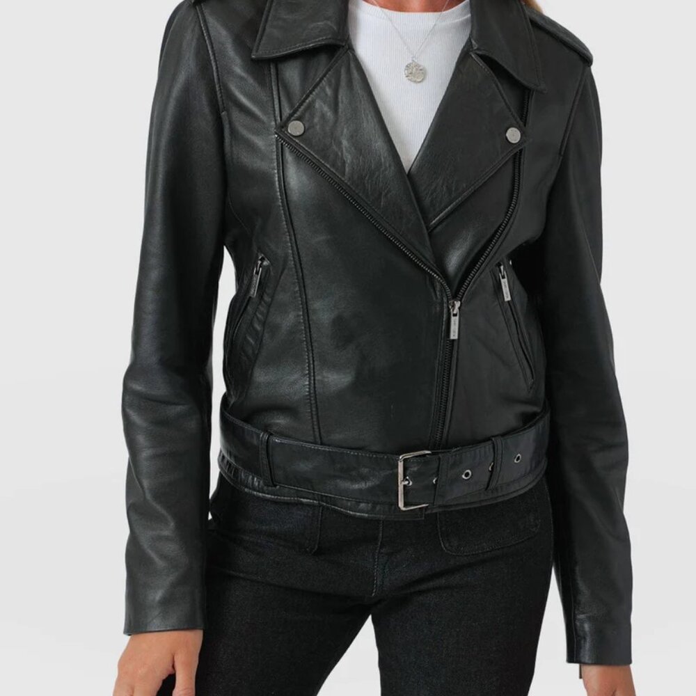 Saint + Sofia | Luther Leather Jacket Moto Belted sz L 12-14